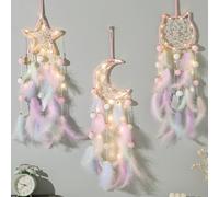 1 pièce Attrape-rêve féminin en carillon à vent, fait main, en plumes tissées, décoration suspendue, mignonne pour la chambre des enfants (plumes artificielles) Étoile,lune,tête de chat,Tête de chat a