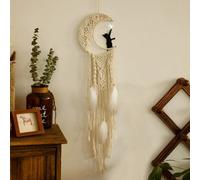 1 pièce Attrape-rêves croissant de lune bohème, suspension murale en silhouette de chat tissée à la main, décoration d'intérieur, style ferme nordique, pendentif à gland, convient pour la chambre, le 