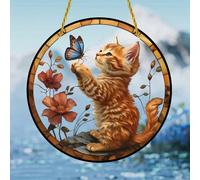 1 pièce Attrape-soleil en acrylique avec petit chat et papillon, décoration suspendue en verre peint 2D, convient pour le porche, le patio, le jardin, la chambre. Cadeau pour les amateurs d'animaux de
