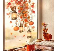 1 pièce Autocollant de fenêtre d'automne, design feuille d'érable et lanterne de citrouille, convient pour les portes vitrées du salon, film statique adhésif en vinyle amovible, parfait pour la saison