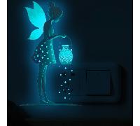 1 pièce Autocollant décoratif de silhouette de fée de lanterne bleue luminescent dans le noir, décalcomanie murale de point lumineux rêveur, autocollant créatif auto-adhésif et amovible, convient pour