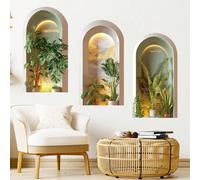 1 pièce Autocollant mural 3D en forme d'arche avec plante verte, style Ins, trou de fenêtre simulé avec plante tropicale, autocollant décoratif pour chambre, salon, entrée, décoration murale minimalis