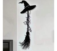 1 pièce Balai de sorcière vintage avec chapeau, décoration murale en métal, artisanat en fer forgé noir pour Halloween, convient pour la décoration de la maison et du jardin, idéal pour la décoration 