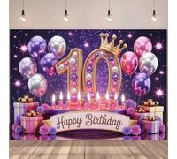 1 pièce Bannière d'anniversaire 10e pour filles, toile de fond d'anniversaire 10e décorée de ballons roses et violets brillants, imprimée avec le chiffre 10 et le texte "Happy Birthday", parfaite pour