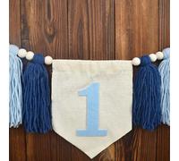 1 pièce Bannière de chaise haute de style bohème pour le 1er anniversaire, drapeau suspendu avec franges de perles en bois tressées, décoration murale tressée bleue et blanche pour la chambre de bébé,