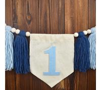 1 pièce Bannière de chaise haute en macramé bleu et blanc pour le 1er anniversaire avec une guirlande de pompons perles fait main style bohème. Décoration de fête du 1er anniversaire pour la nurserie,