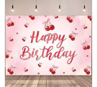 1 pièce Bannière de fête avec texte "Happy Birthday" et fleurs de cerisier à l'aquarelle, fond rose, design avec cerises rouges et ruban rose, convient pour la décoration de fête d'anniversaire, la ph