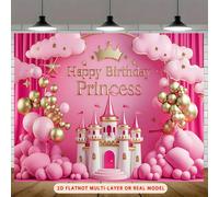 1 pièce Bannière de fête d'anniversaire Château de princesse rose - Toile de fond en polyester fantaisie pour la chambre, le mur et la décoration photo, avec des ballons dorés, des étoiles et des drap