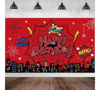 1 pièce Bannière de fond de fête d'anniversaire avec toile d'araignée rouge "Happy Birthday" pour fête d'anniversaire, table de gâteau, photomaton, décoration de fond pour fête à thème super-héros, fo