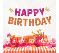1 pièce Bannière Happy Birthday Rose et Orange à Paillettes avec Étoiles Dorées, Guirlande de Fête d'Anniversaire aux Couleurs Vives, Convient aux Filles et aux Femmes, Décoration de Fête d'Anniversai