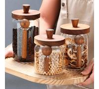 1 pièce Bocal à café en verre avec couvercle en bois et set de cuillères, bocaux de rangement hermétiques pour l'organisation de la cuisine - fournis en 3 tailles 1 X 800 M Glass Airtight Jar,1 X 600 