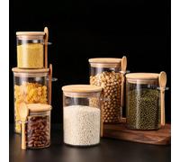 1 pièce Bocal de rangement en plastique transparent avec couvercle en bambou et cuillère, étanche à l'air et à l'humidité, convient pour le stockage en cuisine de sucre, épices, thé, café, farine, noi