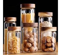 1 pièce Bocal de rangement en verre, récipient hermétique pour aliments avec couvercle en bois, bocal en verre transparent convenant pour le garde-manger, la cuisine pour ranger la farine, le sucre, l