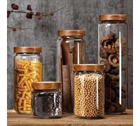 1 pièce Bocal de stockage en verre avec couvercle en bois, bocal à bonbons avec couvercle, bocal en verre borosilicaté hermétique pour grains de café, thé en vrac, noix, sucre, épices, accessoires de 