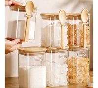 1 pièce Bocal en verre carré avec couvercle en bambou et cuillère - Bocal de rangement en verre borosilicaté hermétique, convient pour le café, le thé, le sucre, etc. A (6*10cm),E(10*10cm),B (8*10cm),