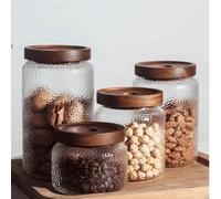 1 pièce Boîte à thé avec couvercle en bois de rose, texture martelée. Bocal en verre borosilicaté hermétique, contenant de stockage pour grains de café, bouteille de rangement transparente 650 ml,450 