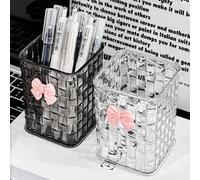 1 pièce Boîte de rangement de bureau transparente avec nœud papillon rose décoratif, porte-stylo et étui de rangement, idéale pour les fournitures de retour à l'école, le bureau, le dortoir, le maquil