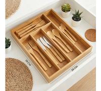1 pièce Boîte de rangement de tiroir en bambou, Étagère de rangement d'ustensiles de cuisine extensible, Boîte de rangement en bois de bambou à plusieurs compartiments pour baguettes, cuillères et fou