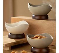 1 pièce Bol à dessert en céramique avec base en bois - Multi-usage pour la crème glacée, les dattes et les noix, petit plateau de service pour la maison et le café BlancBlocs de couleurporcelaine