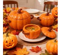1 pièce Bol en céramique épaisse anti-brûlure en forme de citrouille pour Halloween, 54/17OZ Cocotte familiale pour ragoût et soupe de citrouille, avec couvercle et design à double anse pour la cuisin