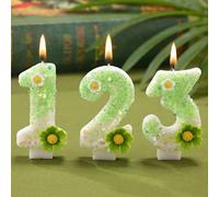 1 pièce Bougie chiffre d'anniversaire, 2 pièces Bougies d'anniversaire fleurs vertes pailletées Décoration de gâteau, Convient pour les fournitures de célébration d'anniversaire Cire