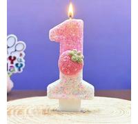 1 pièce Bougie chiffre dégradé rose pailleté 0-9, décoration de gâteau en forme de fraise tricotée 3D, ornement de dessert esthétique doux pour les fournitures de fête d'anniversaire et d'anniversaire