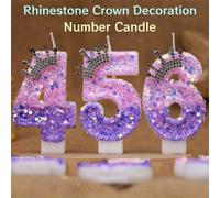 1 pièce Bougie d'anniversaire couronne rose et violette chiffres 0-9, style créatif nouveau, violet de rêve, couronne de strass, convient pour la décoration de gâteau, table de dessert, bougie de célé