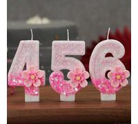 1 pièce Bougie décorative pour gâteau d'anniversaire artisanale rose scintillante à deux couches avec fleur et numéro, décoration florale rose scintillante à cinq pétales, bougie de décoration de fête