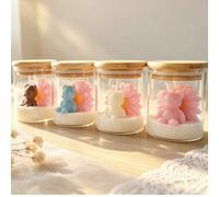 1 pièce Bougie en cire de soja avec motif mignon d'ours et de marguerite, bocal en verre avec couvercle en bambou, décoration de maison esthétique coréenne, bougie parfumée à l'huile essentielle, cade