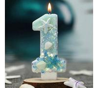 1 pièce Bougie thème plage avec décoration étoile de mer & coquillage - Bougie bleu vif & blanc avec motif de chiffres 0-9, convient pour fête de plage, fournitures de fête de piscine, décoration inté