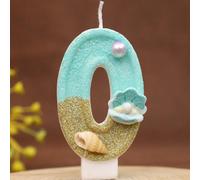1 pièce Bougie thème plage d'été, bougie numéro dégradé bleu et or, décorée avec coquillage 3D et motif de coquille de perle bleue, bougie d'anniversaire numéro 0-9, convient pour la décoration de gât