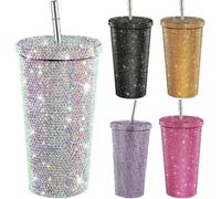 1 pièce Bouteille d'eau isolée en acier inoxydable avec décoration en cristal brillant - Étanche et portable, convient pour les voyages. Livrée avec un couvercle et une paille plate, idéale pour les s