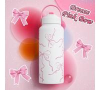 1 pièce Bouteille d'eau isotherme de 20 oz/26 oz/32 oz avec paille, bouteille d'eau en acier inoxydable avec nœud papillon, couvercle à rabat, paille et anse, étanche, métal, réutilisable, grande ouve