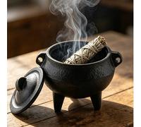 1 pièce Brûle-encens en fonte avec couvercle, porte-encens à trois pieds pour sauge et palo santo, bol de purification de méditation portable, purification de l'espace de la maison, ornement de rituel