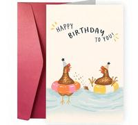 1 pièce Carte d'anniversaire amusante avec un poulet avec un chapeau de fête et un anneau flottant - Conception de fête de piscine de poulet de bande dessinée, couleurs vives, enveloppe incluse - Parf