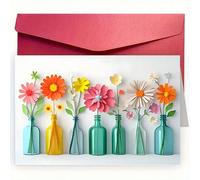1 pièce, Carte d'anniversaire créative (avec enveloppe), Beau design d'illustration de vase floral 2D plat. Convient pour les fêtes d'amis, de camarades de arte d'anniversaire parfaite pour l