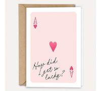 1 pièce Carte de style jeu de cartes porte-bonheur multi-occasions - Comment ai-je été si chanceux ? Avec enveloppe, design as de cœur rose pastel, cadeau romantique et amusant pour les amoureux & les