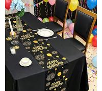 1 pièce Chemin de table d'anniversaire noir & doré, nappe à motif de ballons dorés et de feux d'artifice, nappe en polyester 275*28cm, décoration Joyeux Anniversaire, décoration de fête du 1er anniver