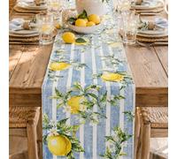 1 pièce-Chemin de table floral citron d'été, chemin de table en lin à rayures bleues et blanches, écharpe de commode à citrons jaunes et feuilles vertes aquarelle, décoration de table de salle à mange