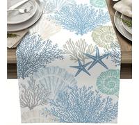 1 pièce Chemin de table imprimé corail bleu et blanc, style vacances thème océan en lin grossier rectangulaire. Décoration de table d'intérieur et d'extérieur, convient pour toutes les saisons, usage 