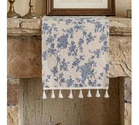 1 pièce Chemin de table imprimé fleur de rose bleue, style rétro de luxe français avec gland, nappe rectangulaire pour fête, anniversaire, mariage, table à manger, table basse, décoration de la maison