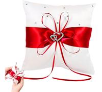 1 pièce Coussin Porte-Alliances Double Cœur, 20x20 cm Coussin de Bague Mariage en Satin, avec Ruban Porte-Anneaux Vintage pour Cérémonie, Fiançailles, Anniversaire, Décoration Romantique (Rouge)