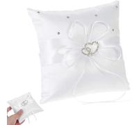 1 pièce Coussin Porte-Alliances Double Cœur, 20x20 cm Coussin de Bague Mariage en Satin, avec Ruban Porte-Anneaux Vintage pour Cérémonie, Fiançailles, Anniversaire, Décoration Romantique (Blanc)