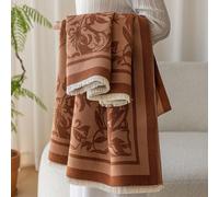 1 pièce Couverture de jet en fausse cachemire de couleur chameau avec motif floral et chat, chaude pour pique-nique en plein air, couverture pour animal de compagnie, châle de bureau/camping, cadeau s