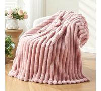 1 pièce Couverture en peluche ultra douce à larges rayures, décoration de maison à larges rayures en velours coupé, couverture décorative rose pour chambre à coucher en automne, couverture en flanelle