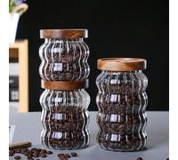 1 pièce de boîte de rangement alimentaire en verre avec couvercle en santal, bocal à bonbons hermétique, boîte de rangement ronde transparente à rayures verticales pour l'organisation et le rangement 