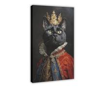 1 pièce de décoration murale en toile encadrée en bois Chat Noir Gentilhomme - Portrait de chat anthropomorphique majestueux avec peinture à l'huile d'un chat noir portant un costume de roi - affiche