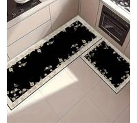 1 pièce de tapis de sol de cuisine et de salle de bain noir avec bordure à motif beige. Tapis de cuisine absorbant et anti-salissure, tapis de cuisine résistant à la saleté, antidérapant et facile à e