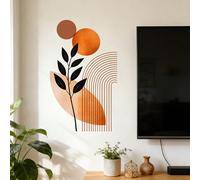 1 pièce Décalcomanie murale de style bohème en terre cuite avec motif géométrique abstrait de feuille, design d'arche de ligne ronde de soleil orange, autocollant mural autoadhésif à décoller et colle