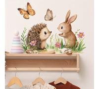 1 pièce Décalcomanie murale de style glamour avec imprimé animal, hérisson, lapin avec papillons et fleurs. Autocollants amovibles et imperméables en PVC pour le salon, la chambre, le dortoir, la sall